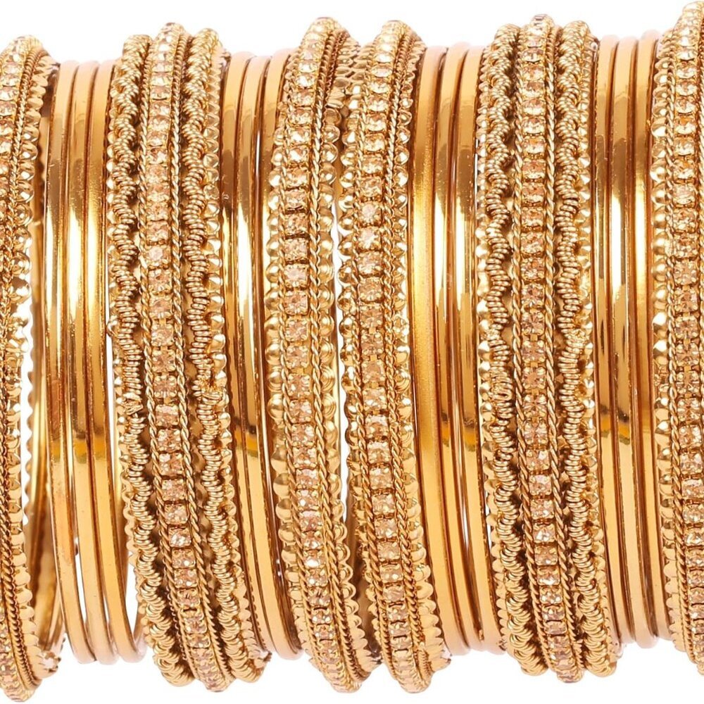 Indian Golden Rhinestone Bangle Set Large Antique Gold Jewelry For Women